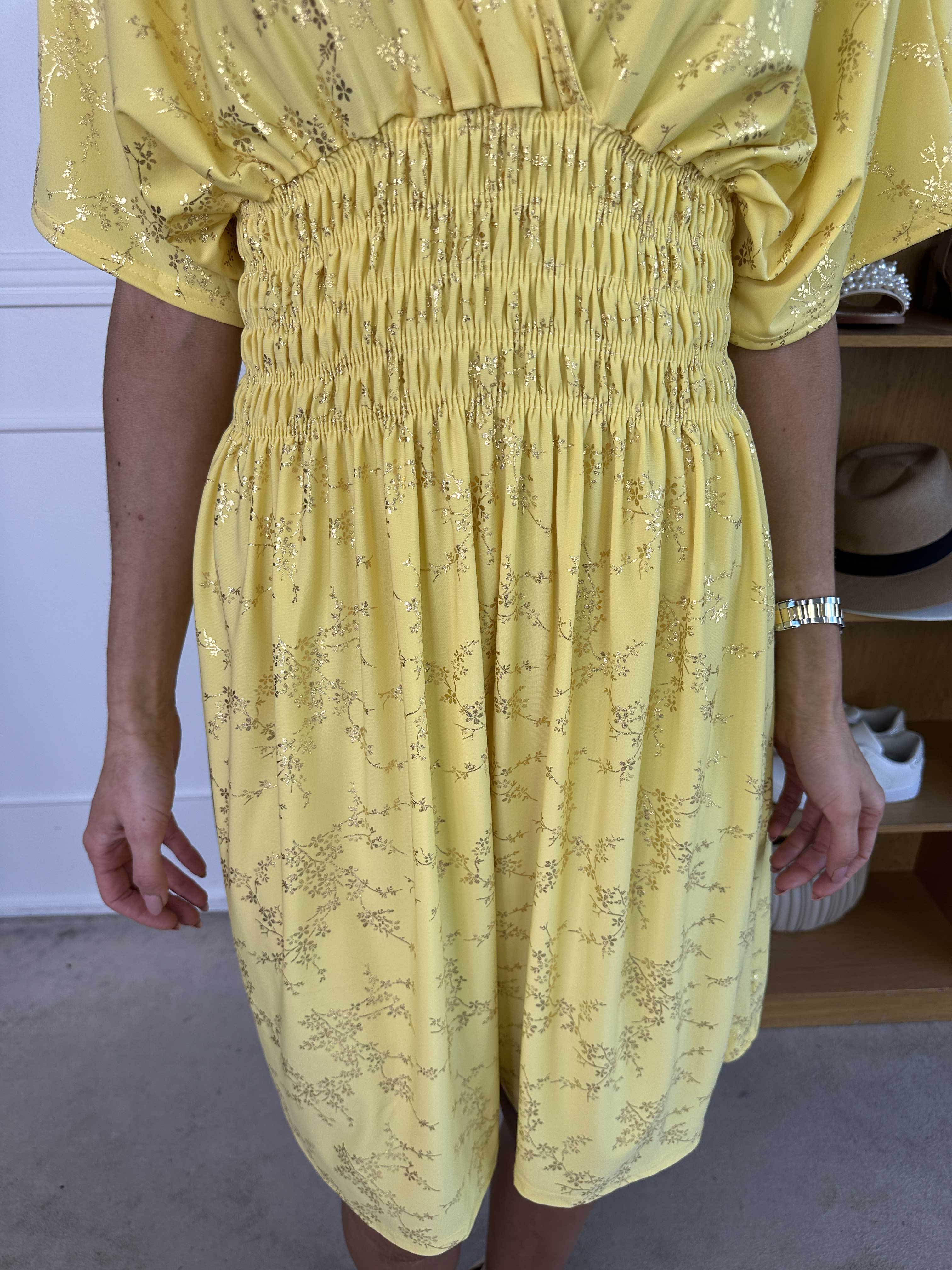 Pams Gold Short - Elastisk klänning detaljerad med guldblommor